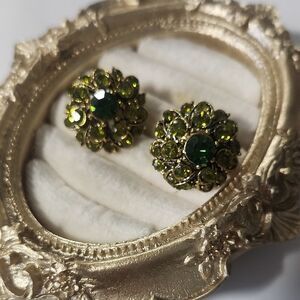 Elegant Green Floral Earrings Vintage Rhinestone Clip On